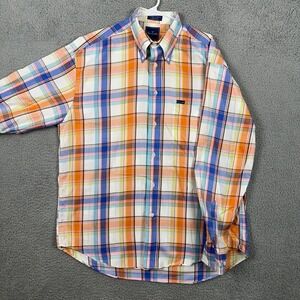 Faconnable Shirt Button Down Mens Large Orange Blue Plaid Long Sleeve Cotton